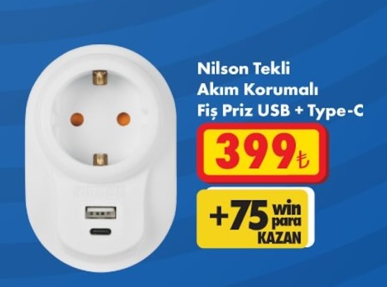 Nilson Tekli Akım Korumalı Fiş Priz Usb + Type-C
