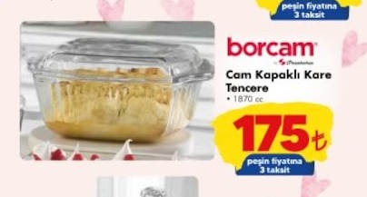 Borcam Cam Kapaklı Kare Tencere 1870 Cc