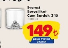 Everest Borosilikat Cam Bardak 3'Lü 300Ml