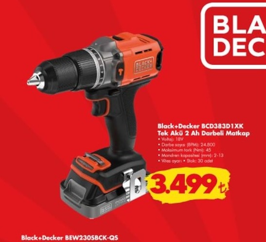 Black+Decker Bcd383D1Xk Tek Akü 2 Ah Darbeli Matkap