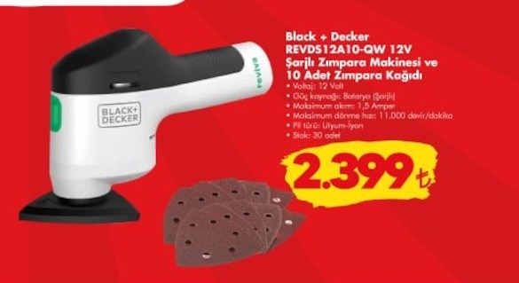 Black + Decker Revd512A10-Qw 12V Şarjlı Zımpara Makinesi Ve 10 Adet Zımpara Kağıdı