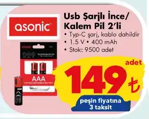 Asonic Usb Şarjlı İnce/Kalem Pil 2'Li