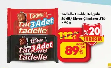 Tadelle Fındık Dolgulu Sütlü/Bitter Çikolata 3'Lü 90G