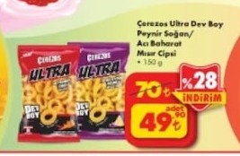 Çerezos Ultra Dev Boy Peynir Soğan/ Acı Baharat Mısır Cipsi 150G