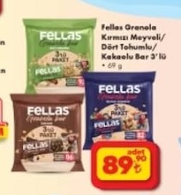 Fellas Granola Kırmızı Meyveli/Dört Tohumlu/Kakaolu Bar 3'Lü 69G