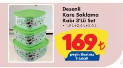 Desenli Kare Saklama Kabı 3'Lü Set 1.9 L, 2.6 L, 3.6 L