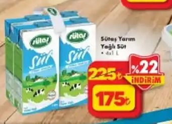 Sütaş Yarım Yağlı Süt 4X1 L