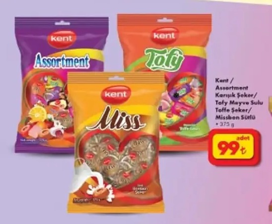 Kent Assortment Karışık Şeker/ Toffy Meyve Suyu Toffe Şeker/ Missbon Sütlü 375G