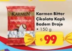Karmen Bitter Çikolata Kaplı Badem Draje 150 G