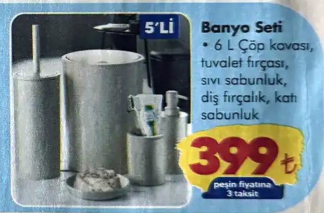 Banyo Seti 5'Li Lavabo Kovası, Tuvalet Fırçası, Sıvı Sabunluk, Diş Fırçalık, Katı Sabunluk
