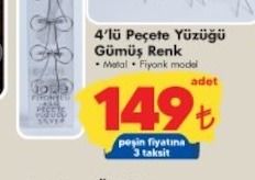 4'Lü Peçete Yüzüğü Gümüş Renk Metal Fiyonk Model