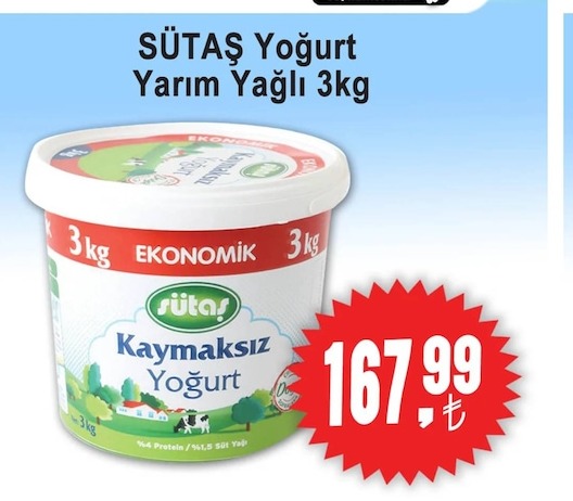 Sütaş Yoğurt Yarım Yağlı 3Kg