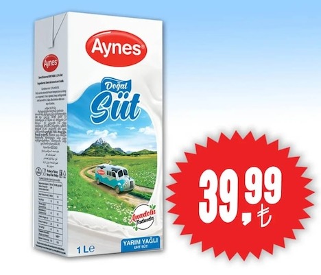 Aynes Doğal Süt Yarım Yağlı 1Lt