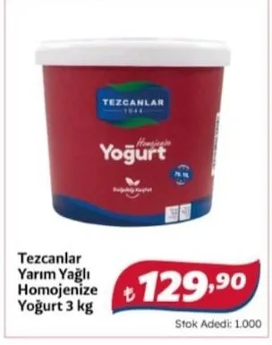 Tezcanlar Yarım Yağlı Homojenize Yoğurt 3 Kg