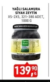 Tarım Kredi Yağlı Salamura Siyah Zeytin Xs-2Xs, 321-380 Adet 1000 G