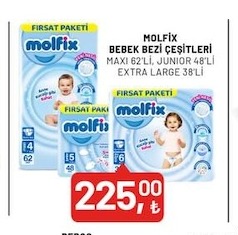 Molfix Bebek Bezi Çeşitleri Maxi 62'Li, Junior 48'Li Extra Large 38'Li