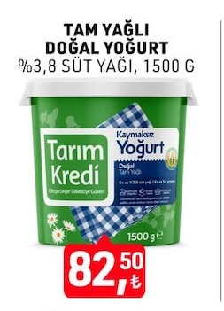 Tarım Kredi Tam Yağlı Doğal Yoğurt %3,8 Süt Yağı 1500 G