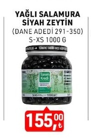Tarım Kredi Yağlı Salamura Siyah Zeytin (Dane Adedi 291-350) S-Xs 1000 G