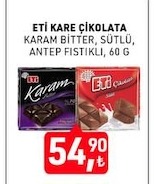 Eti Kare Çikolata Karam Bitter, Sütlü, Antep Fıstıklı 60 G