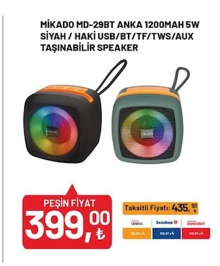 Mikado Md-29Bt Anka 1200Mah 5W Siyah / Haki Usb/Bt/Tf/Tws/Aux Taşinabilir Speaker