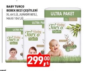 Baby Turco Bebek Bezi Çeşitleri Xl 64'Lü, Junior 80'Li, Maxi 104'Lü