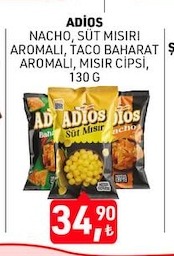 Adios Nacho, Süt Mısırı Aromalı, Taco Baharat Aromalı, Mısır Cipsi, 130 G