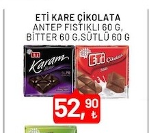 Eti Kare Çikolata Antep Fıstıklı 60G, Bitter 60G, Sütlü 60G