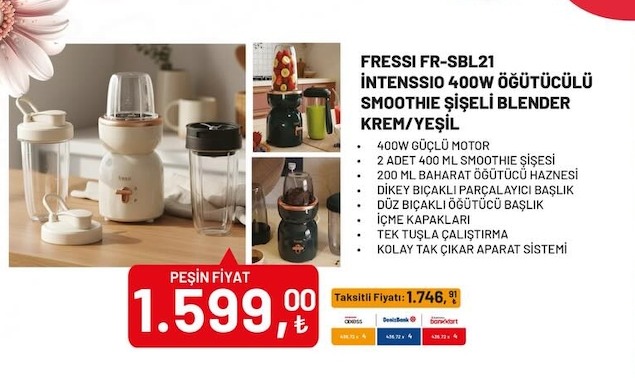 Fressi Fr-Sbl21 Intense 400W Öğütücülü Smoothie Şişeli Blender Krem/Yeşil