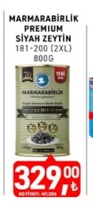 Marmarabirlik Premium Siyah Zeytin 181-200 (2Xl) 800G