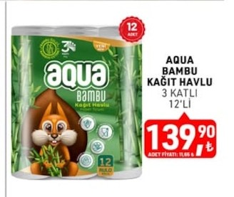 Aqua Bambu Kağıt Havlu 3 Katlı 12'Li