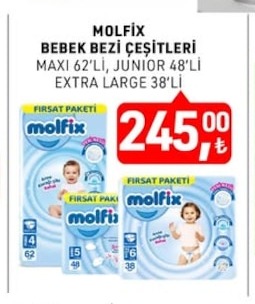 Molfix Bebek Bezi Çeşitleri Maxi 62'Li, Junior 48'Li Extra Large 38'Li