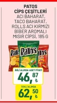 Patos Cips Cesitleri Acı Baharat, Taco Baharat, Rolls Acı Kırmızı Biber Aromalı Mısır Cipsi, 185 G