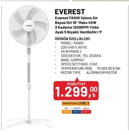 Everest Fan10 Valora Air Beyaz/Gri 16" Maks 45W