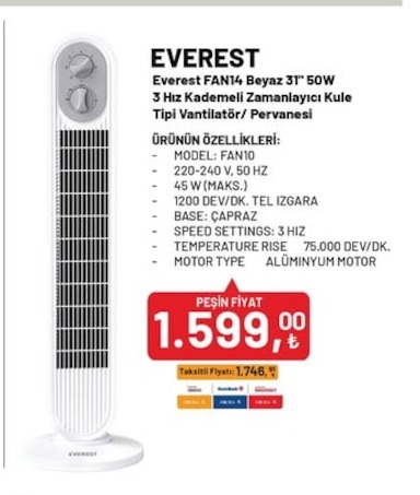 Everest Fan14 Beyaz 31" 50W 3 Hız Kademeli Zamanlayıcı Kule Tipi Vantilatör/Pervanesi