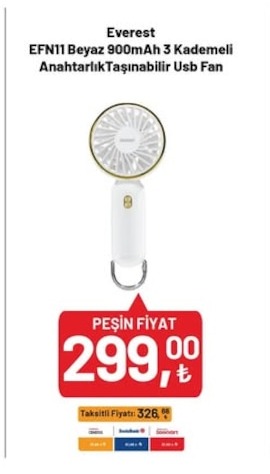 Everest Efn11 Beyaz 9000Mah 3 Kademeli Anahtarlık Taşınabilir Usb Fan