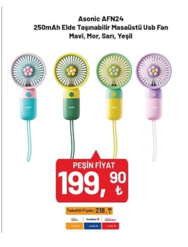 Asonic Afn24 250Mah Elde Taşınabilir Masaüstü Usb Fan Mavi, Mor, Sarı, Yeşil