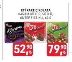 Eti Kare Çikolata Karam Bitter, Sütlü, Antep Fistikli, 60 G