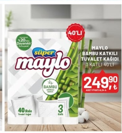 Maylo Bambu Katkılı Tuvalet Kağıdı 3 Katlı 40'Lı