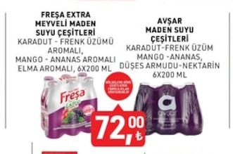 Fresa Extra Meyveli Maden Suyu Çeşitleri Karadut - Frenk Uzumu Aromalı, Mango - Ananas Aromalı Elma Aromalı, 6X200 Ml
