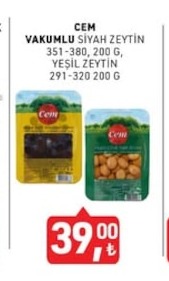 Cem Vakumlu Siyah Zeytin 200G, Yeşil Zeytin 200G