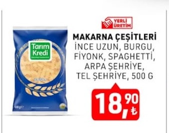 Tarim Kredi Makarna Cesitleri Izce Uzun, Burgu, Fiyonk, Spaghetti, Arpa Sehirye, Tel Sehirye, 500 G