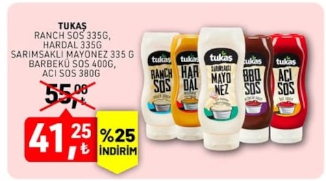 Tukaş Ranch Sos 335G, Hardal 335G, Sarimsakli Mayonez 335G, Barbekü Sos 400G, Aci Sos 380G
