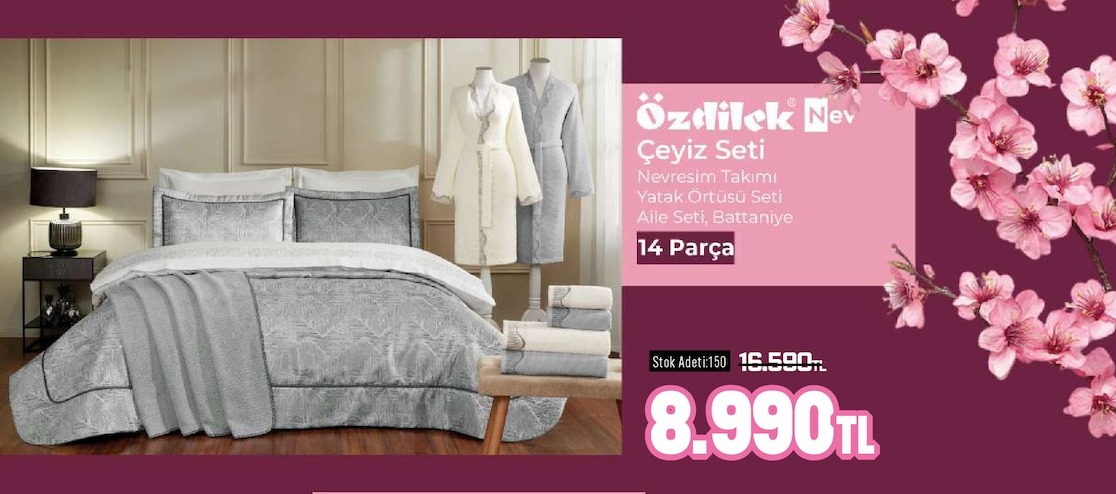 Özdilek Nev Çeyiz Seti Nevresim Takımı Yatak Örtüsü Seti Aile Seti, Battaniye 14 Parça
