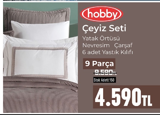 Hobby Çeyiz Seti Yatak Örtüsü Nevresim Çarşaf 6 Adet Yastık Kılıfı 9 Parça