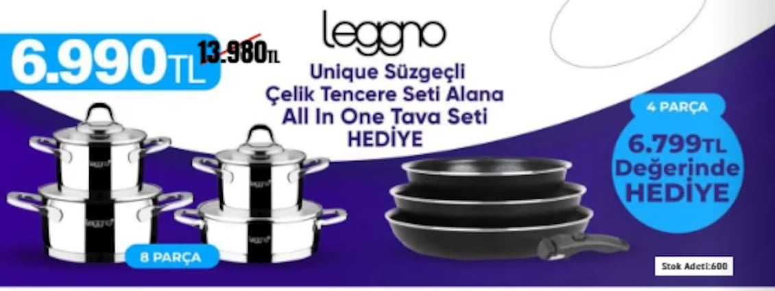 Leggno Unique Süzgeçli Çelik Tencere Seti Alana All In One Tava Seti Hediye 8 Parça