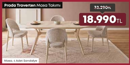 Prada Traversen Masa Takımı - Masa, 4 Adet Sandalye