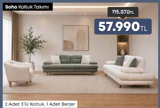 Soho Koltuk Takımı 2 Adet 3'Lü Koltuk, 1 Adet Berjer