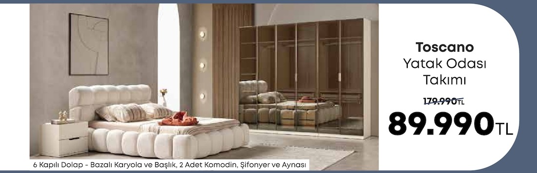 Toscano Yatak Odası Takımı 6 Kapılı Dolap - Bazalı Karyola Ve Başlık, 2 Adet Komodin, Şifonyer Ve Aynası