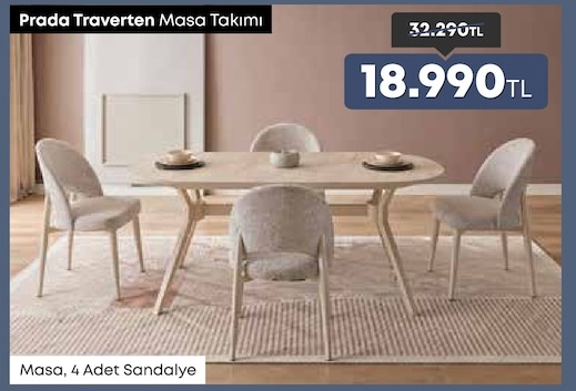 Prada Traversen Masa Takımı (Masa, 4 Adet Sandalye)