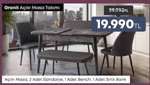 Granit Açılır Masa Takımı, 1 Adet Masa, 2 Adet Sandalye, 1 Adet Bench, 1 Adet Sırtlı Bank